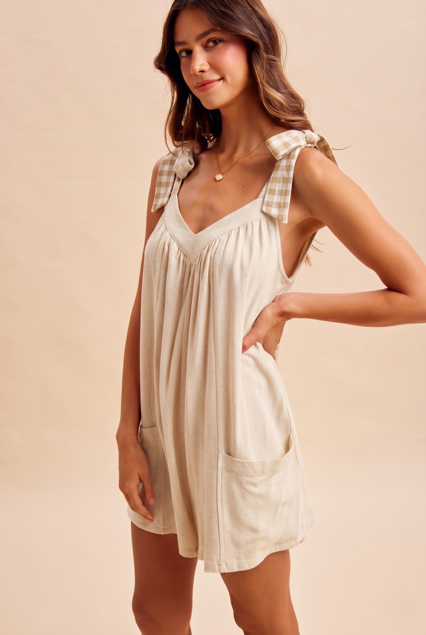 Oatmeal Gingham Shoulder Strap Maternity Romper