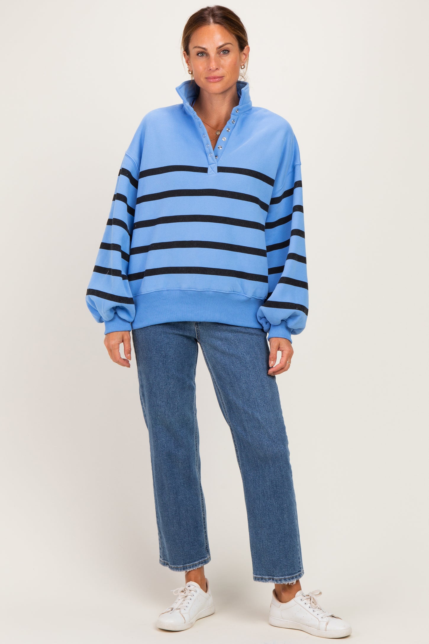 Blue Striped Snap Button Pullover