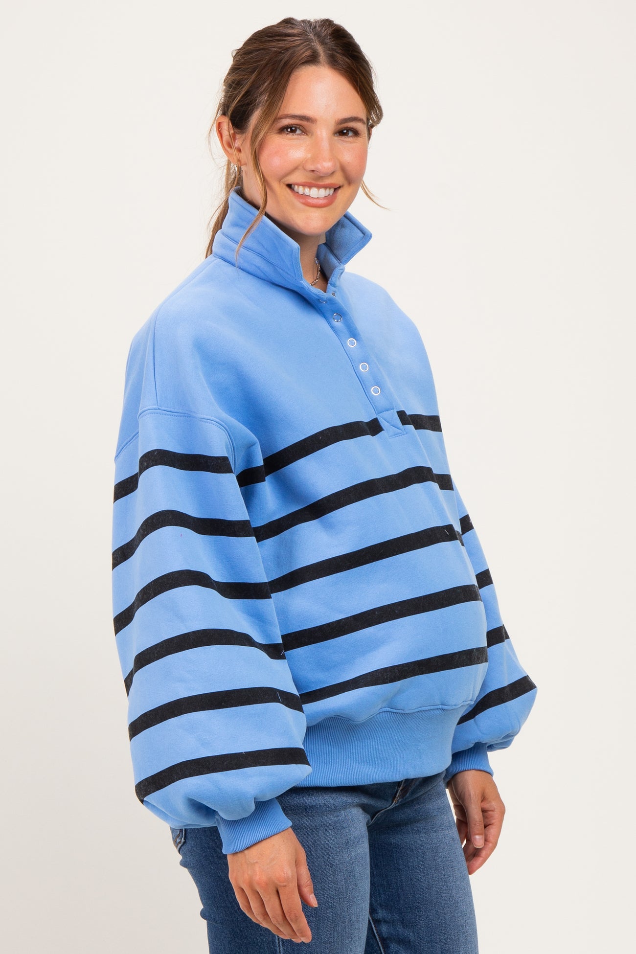 Blue Striped Snap Button Maternity Pullover