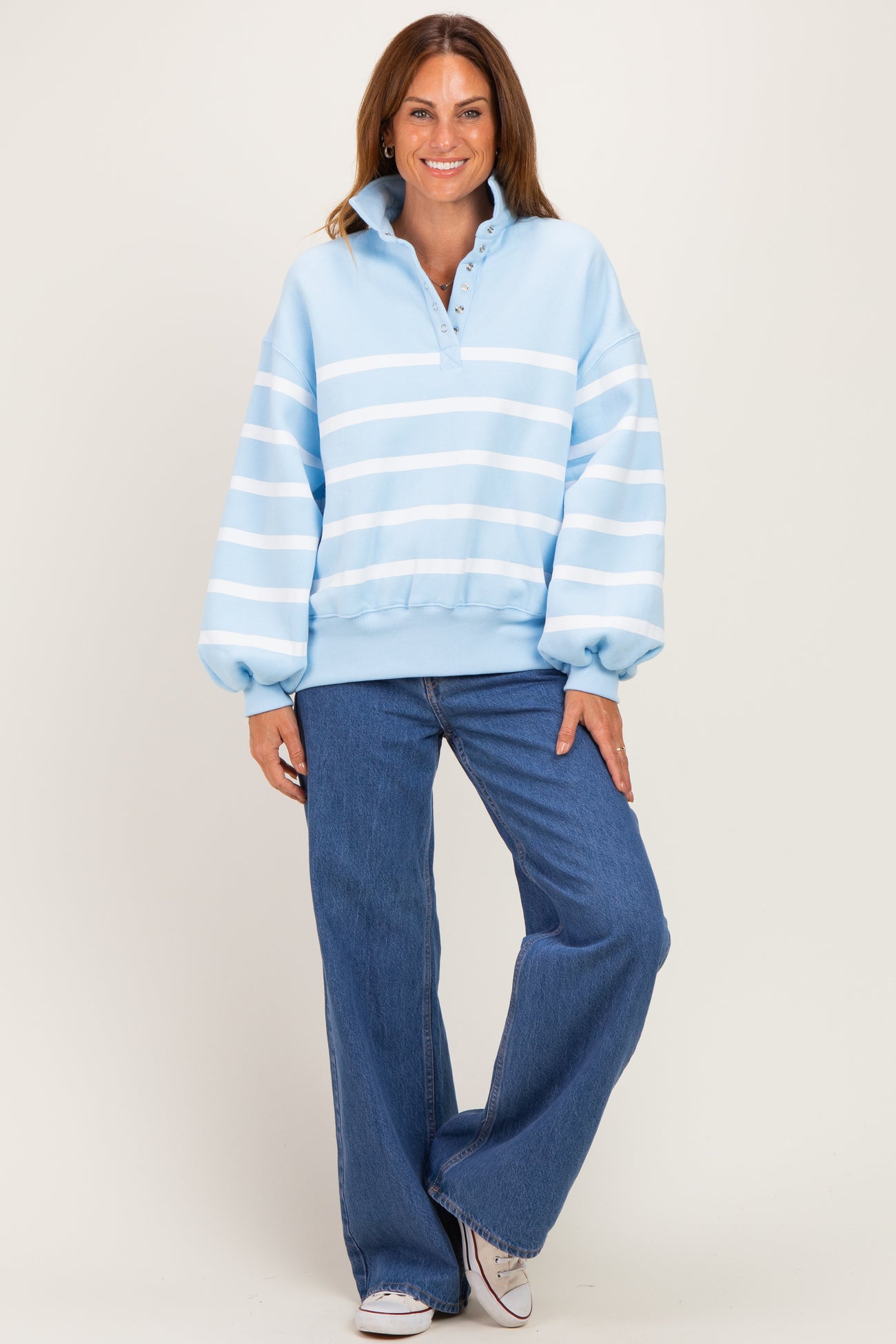 Light Blue Striped Snap Button Pullover