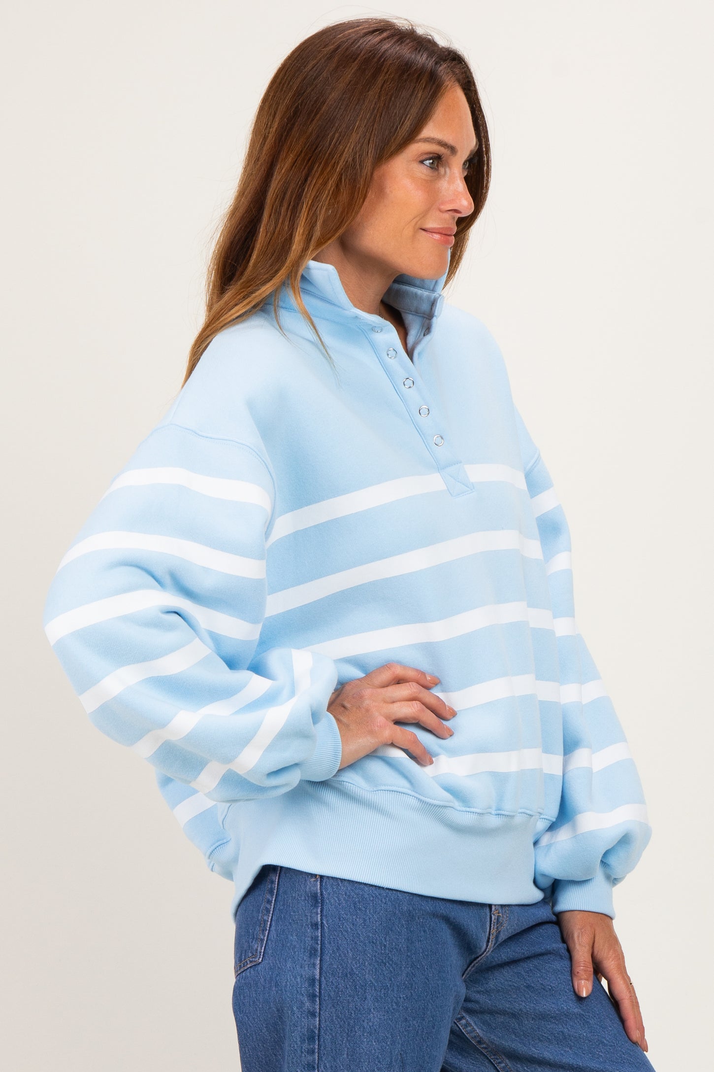 Light Blue Striped Snap Button Pullover