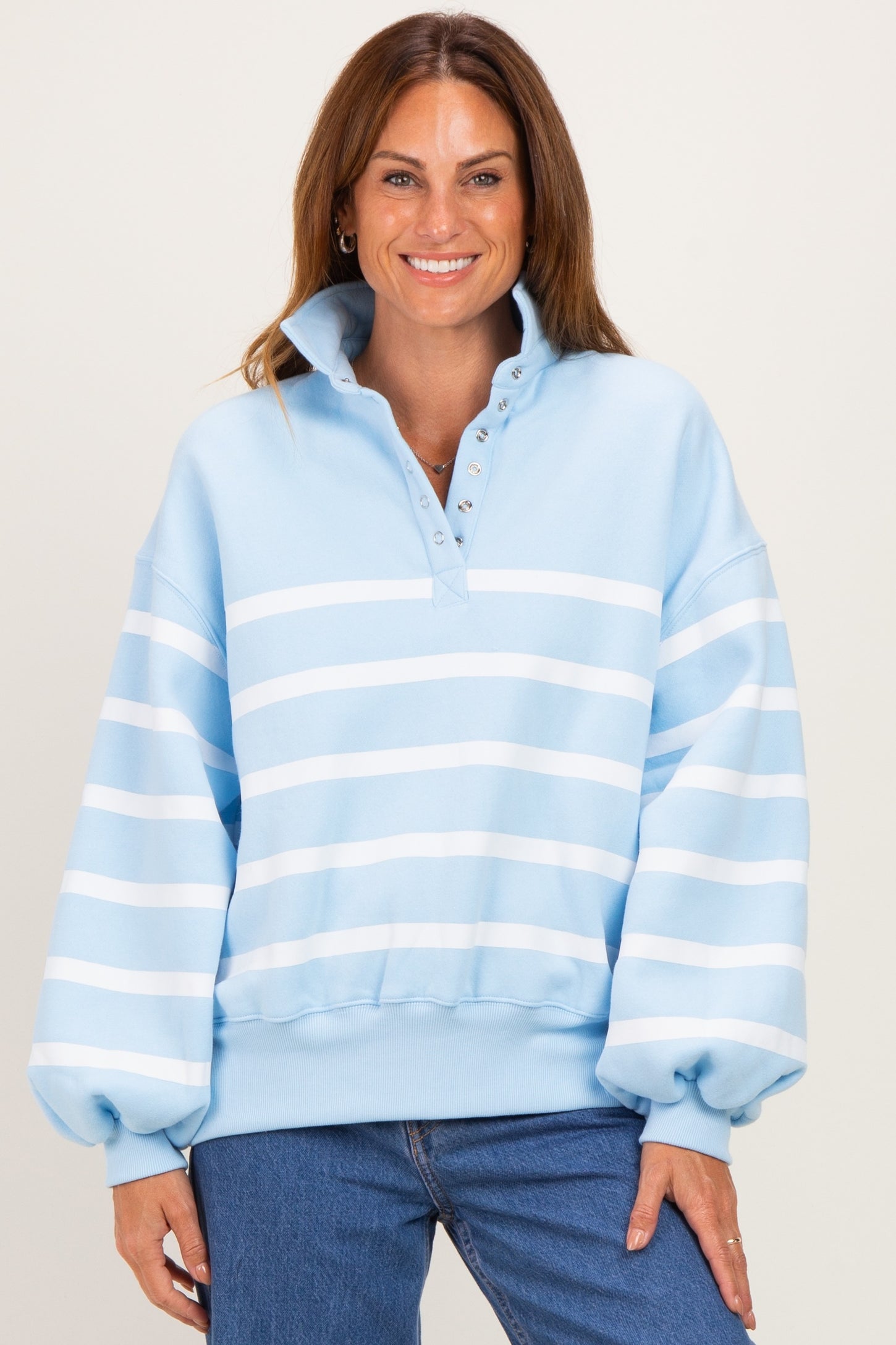 Light Blue Striped Snap Button Pullover