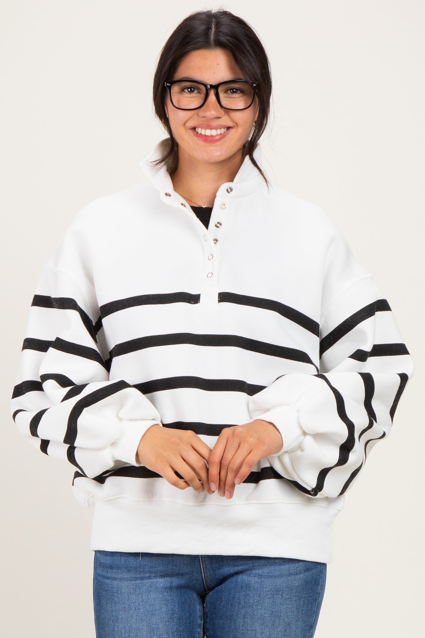 White Striped Snap Button Maternity Pullover