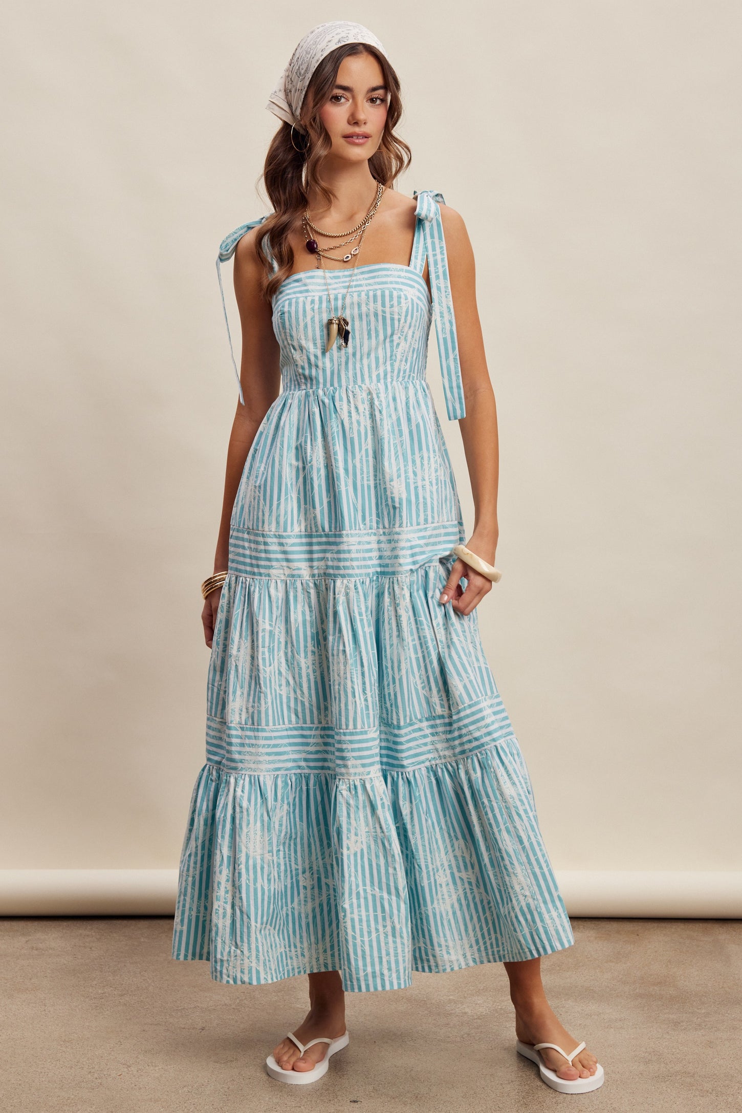 Aqua Striped Shoulder Tie Tiered Maternity Maxi Dress