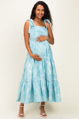 Aqua Striped Shoulder Tie Tiered Maternity Maxi Dress