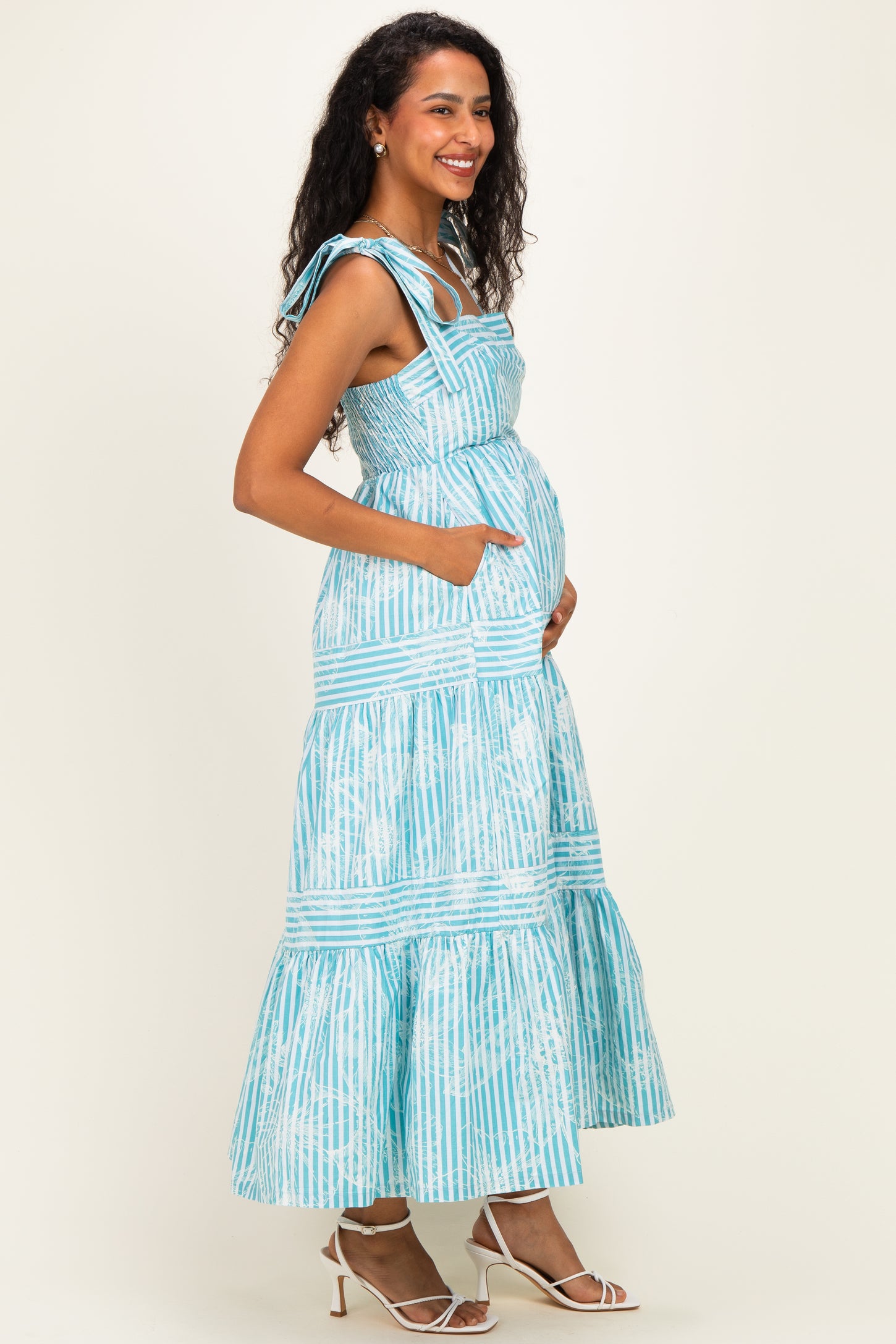 Aqua Striped Shoulder Tie Tiered Maternity Maxi Dress