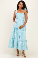 Aqua Striped Shoulder Tie Tiered Maternity Maxi Dress