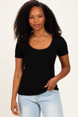 Black Lace Trim Ribbed Maternity Top