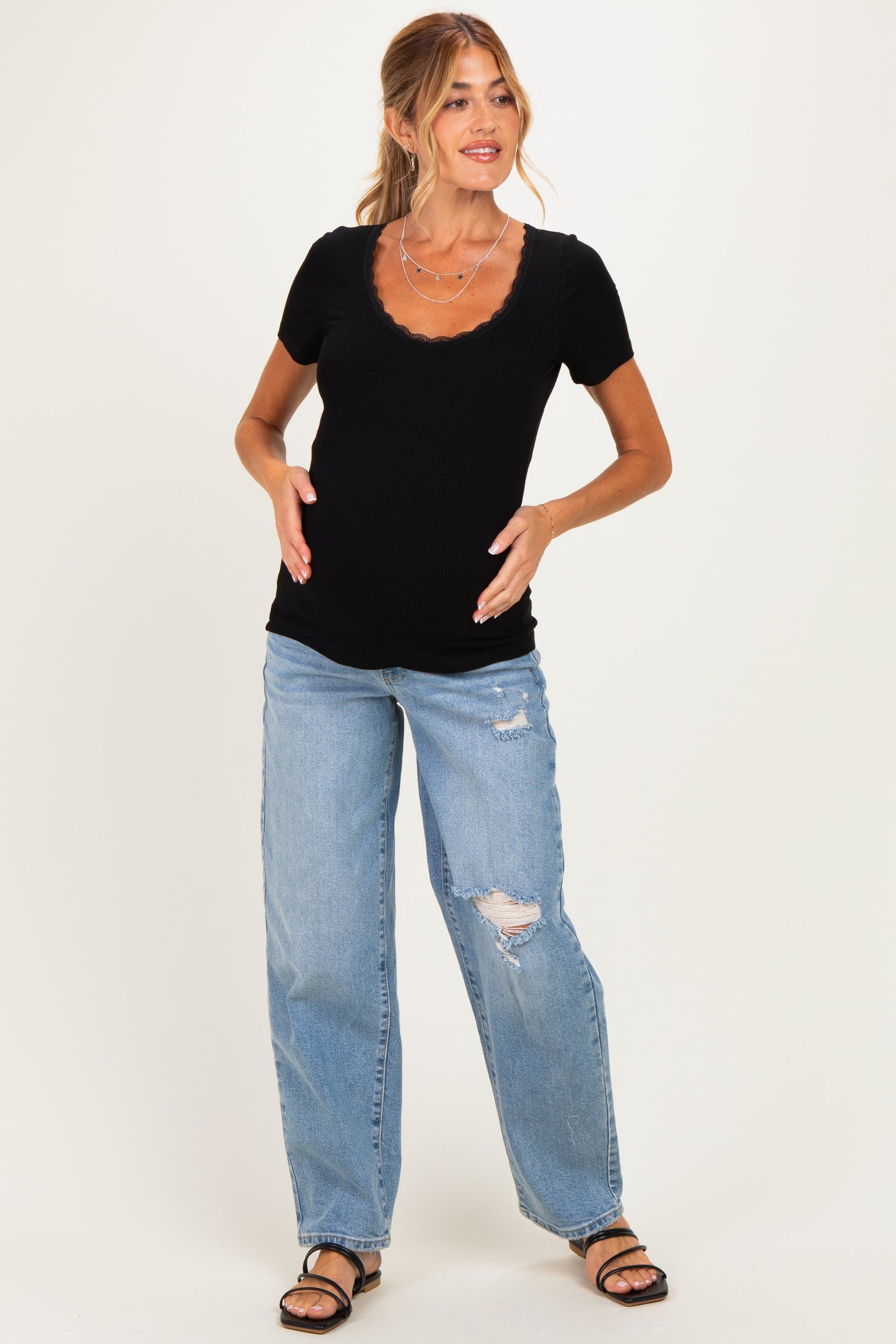 Black Lace Trim Ribbed Maternity Top