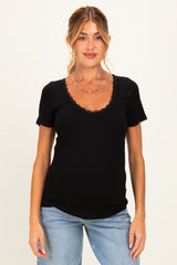 Black Lace Trim Ribbed Maternity Top