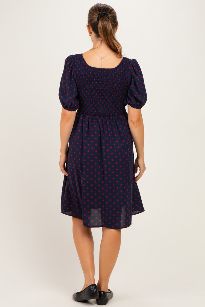 Navy Polka Dot Puff Sleeve Maternity Dress