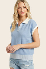 Light Blue Stripe Trim Collared Top