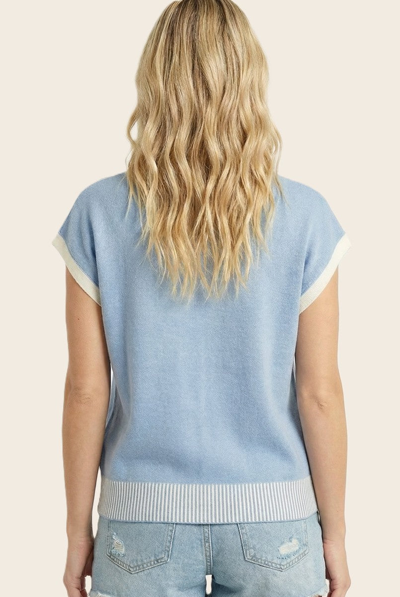 Light Blue Stripe Trim Collared Top