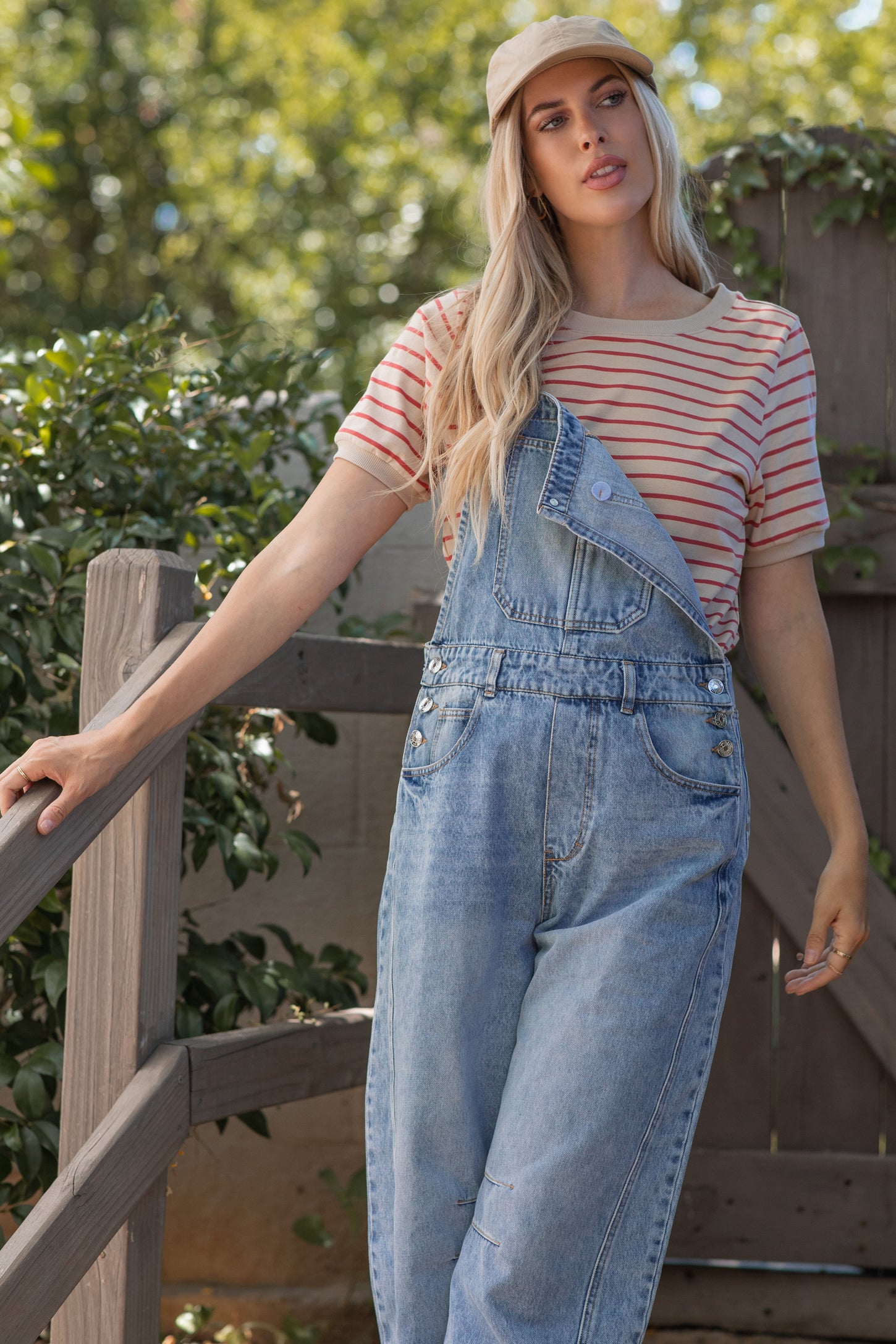 Tan Striped Solid Trim Tee