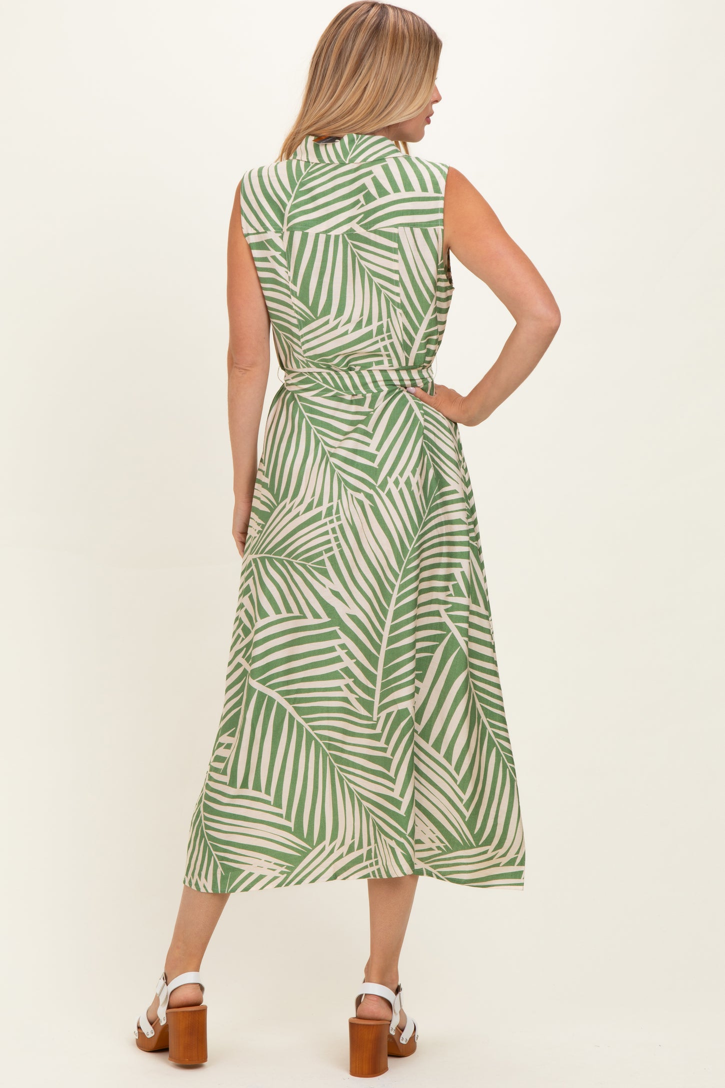 Sage Printed Sleeveless Maxi Shirt Dress