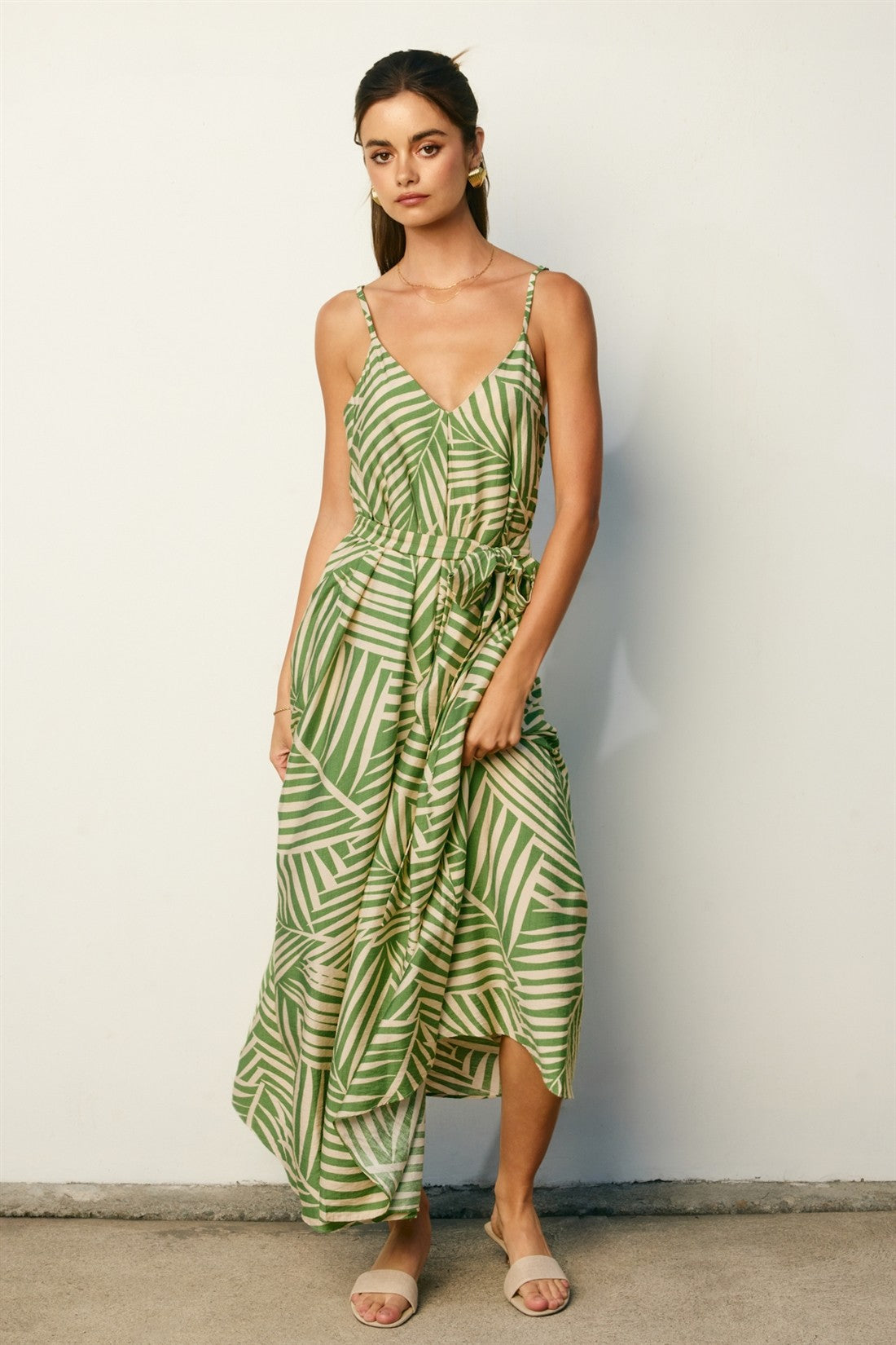 Sage Printed Waist Tie Maxi Dress