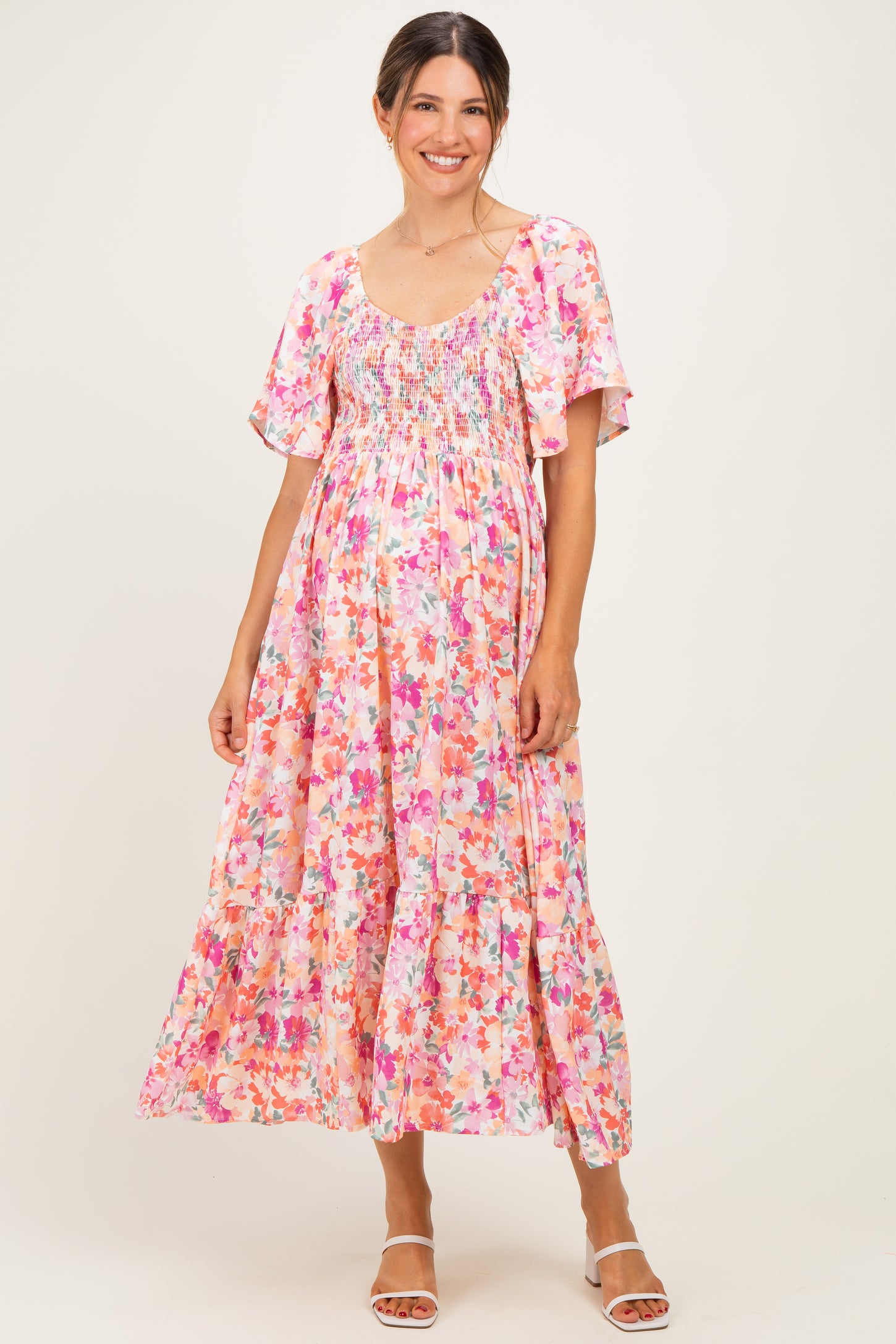 Coral Sweetheart Flutter Sleeve Floral Maternity Maxi Dress