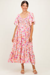 Coral Sweetheart Flutter Sleeve Floral Maternity Maxi Dress