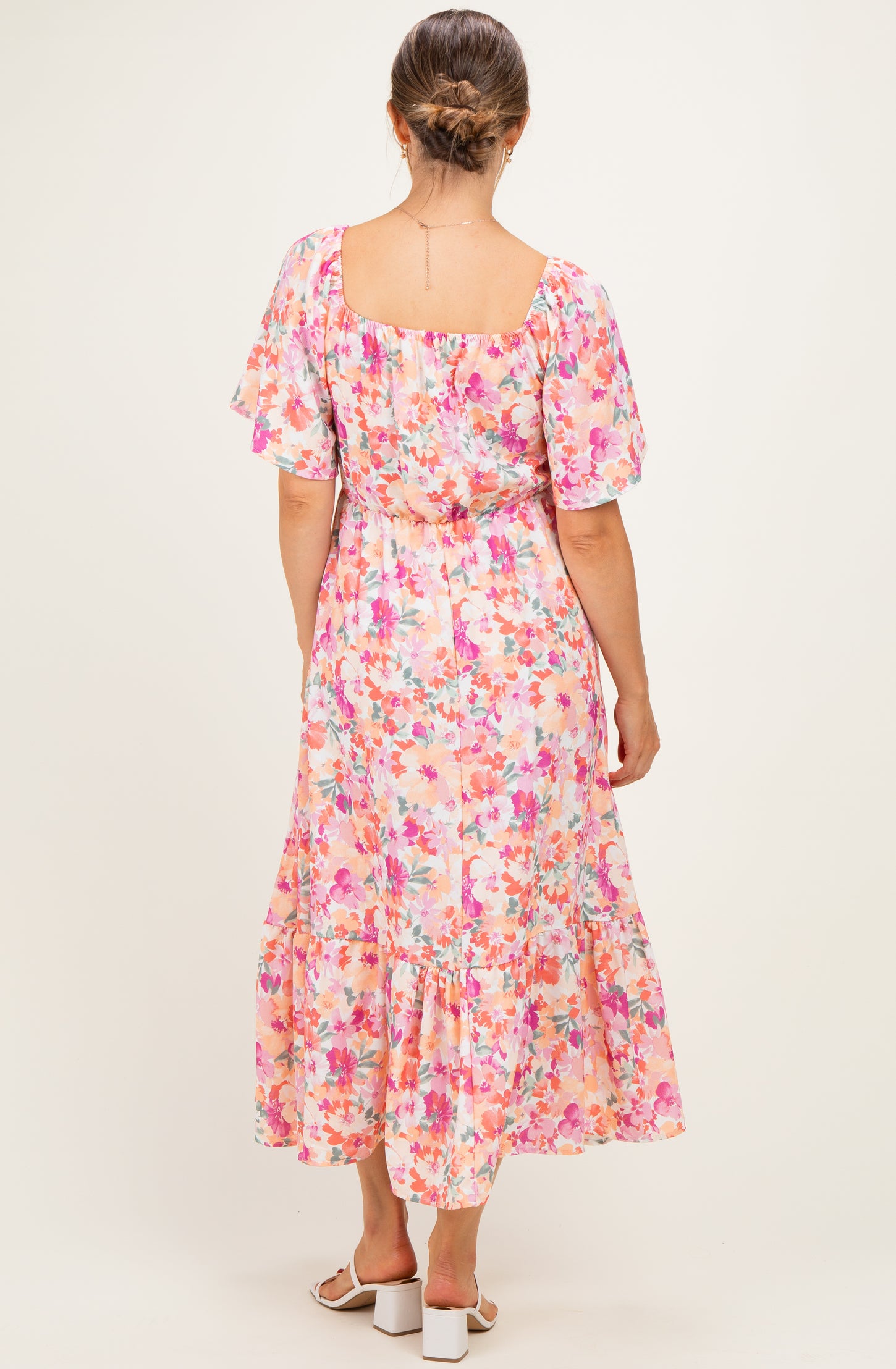 Coral Sweetheart Flutter Sleeve Floral Maternity Maxi Dress