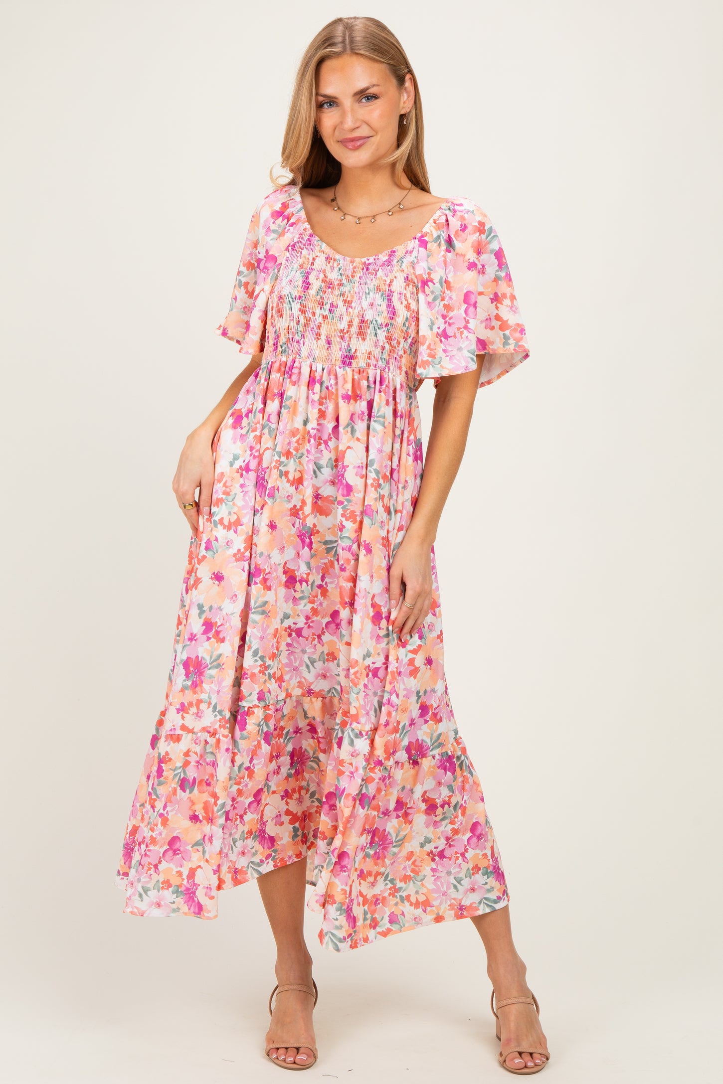 Coral Sweetheart Flutter Sleeve Floral Maternity Maxi Dress