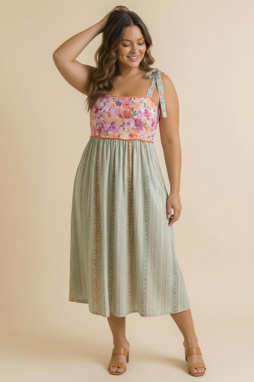 woman wearing a floral print midi dress with a pink bodice and green skirt, styled with a shoulder tie and wedge sandals