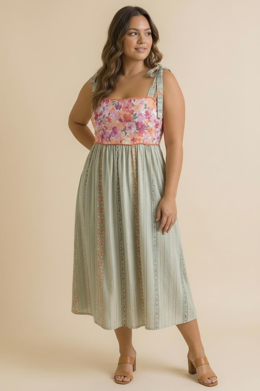 woman wearing a floral print midi dress with a pink bodice and green striped skirt, standing against a neutral background