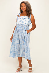 Blue Ivory Plus Floral Tie Shoulder Woven Maternity Midi Dress
