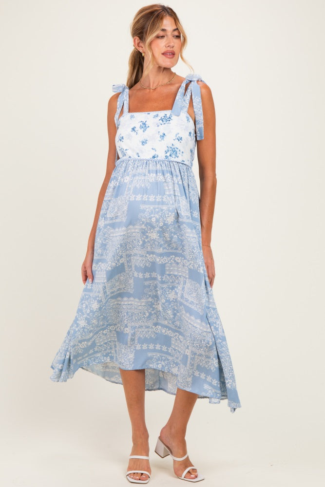 Blue Ivory Floral Tie Shoulder Woven Maternity Midi Dress