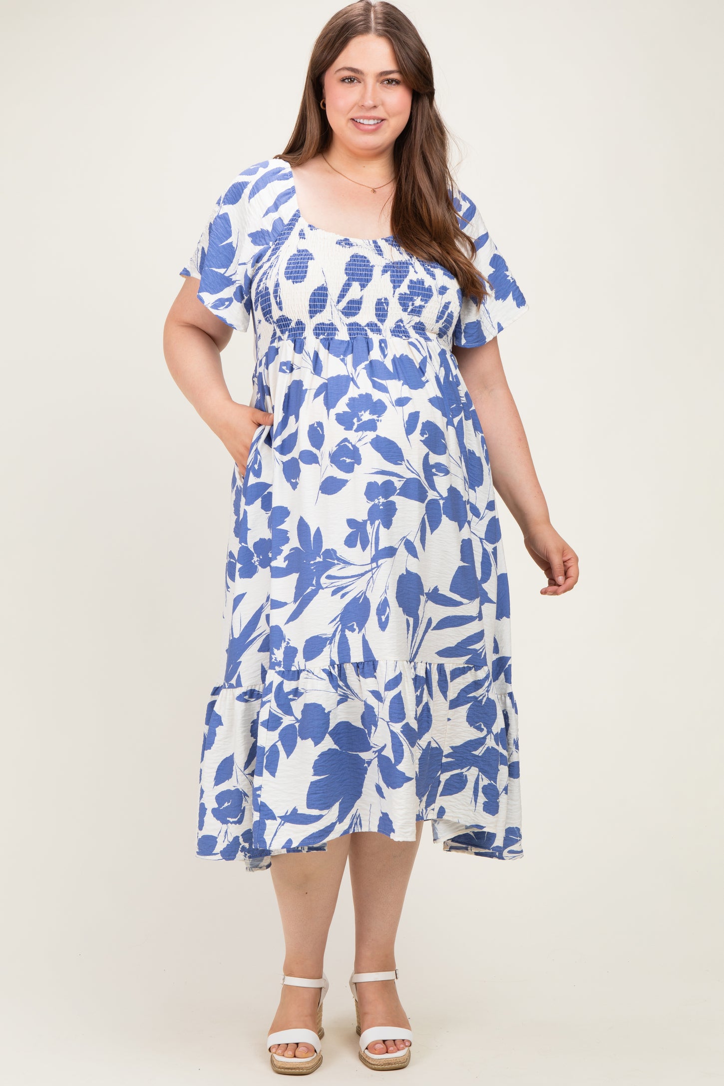 Blue Ivory Plus Sweetheart Smocked Front Floral Maternity Maxi Dress