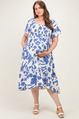 Blue Ivory Plus Sweetheart Smocked Front Floral Maternity Maxi Dress