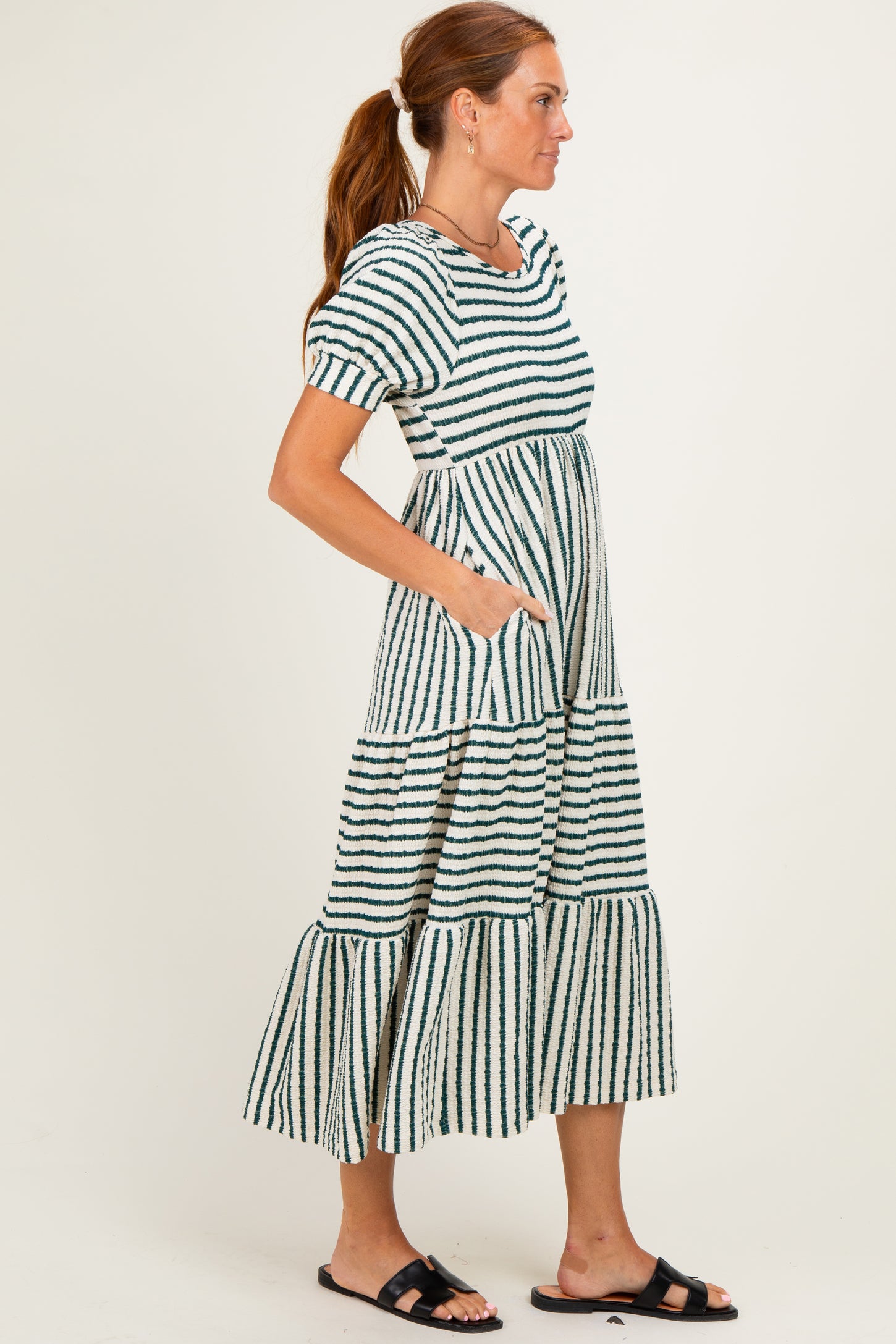 Cream/ Emerald Striped Short Sleeve Tiered Maxi Dress