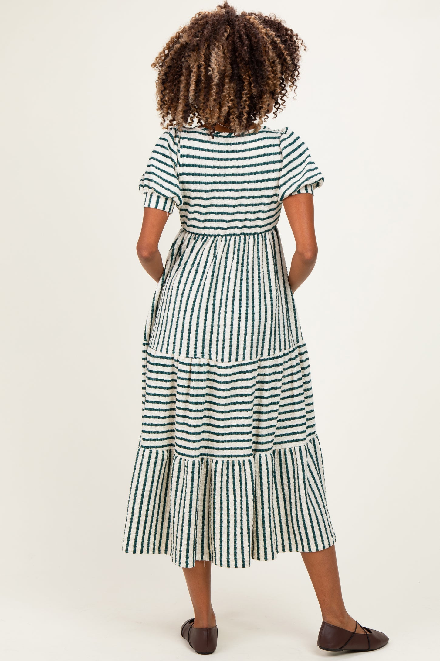 Cream/ Emerald Striped Short Sleeve Tiered Maternity Maxi Dress