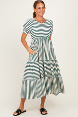 Cream/ Emerald Striped Short Sleeve Tiered Maternity Maxi Dress
