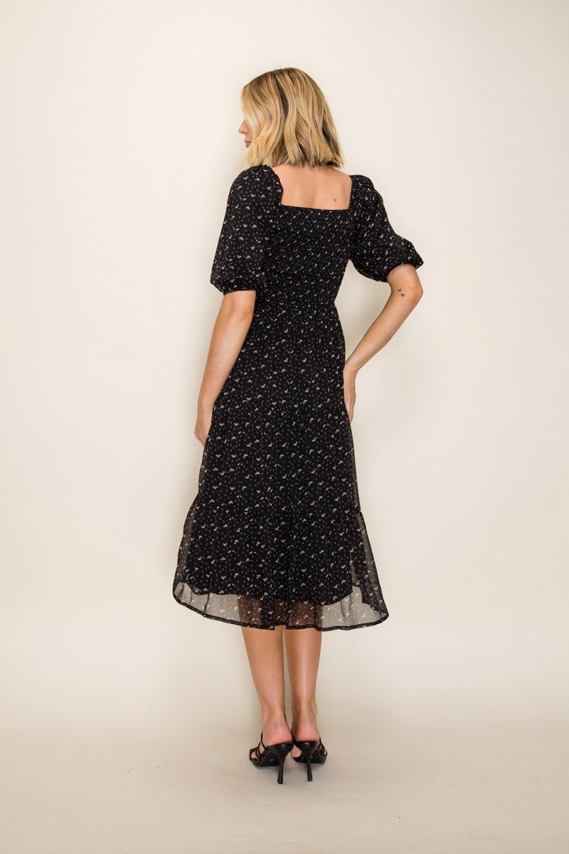 Black Floral Lace Trim Midi Dress