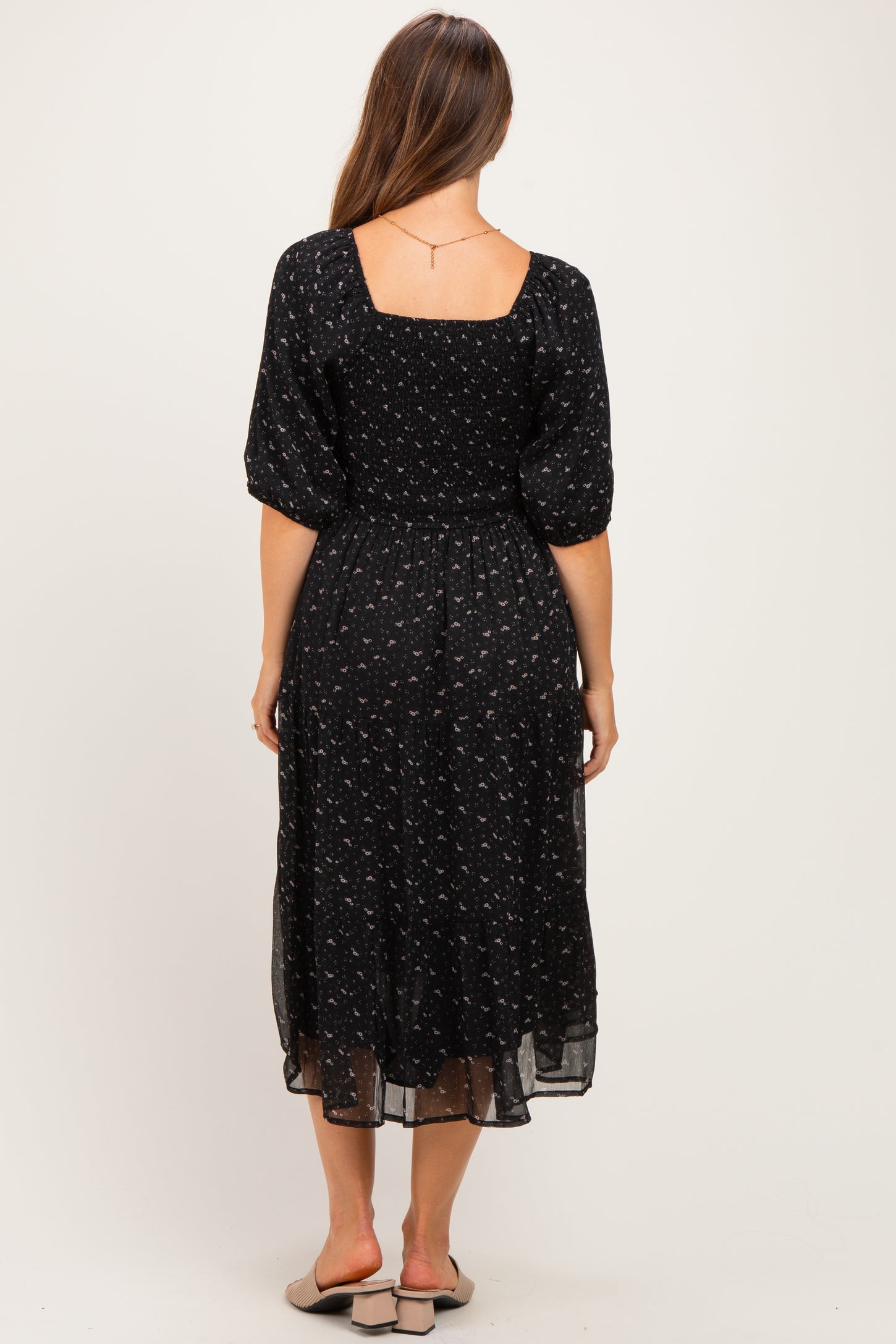 Black Floral Lace Trim Maternity Midi Dress