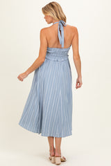 Blue Striped Smocked Halter Maternity Midi Dress