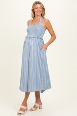 Blue Striped Smocked Halter Maternity Midi Dress