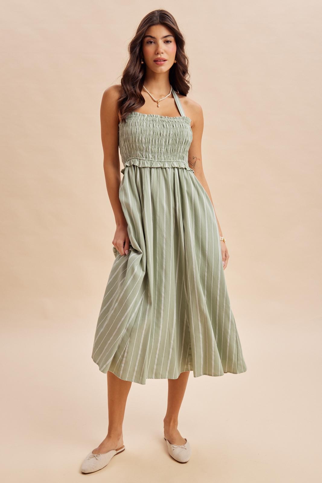 Eucalyptus Striped Smocked Halter Midi Dress