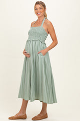 Eucalyptus Striped Smocked Halter Maternity Midi Dress