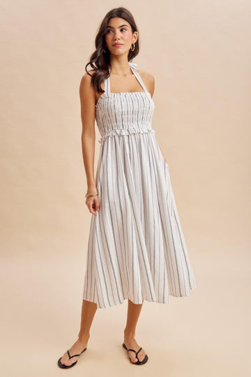Off White Striped Smocked Halter Midi Dress