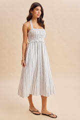 Off White Striped Smocked Halter Midi Dress