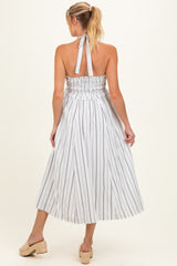 Off White Striped Smocked Halter Maternity Midi Dress