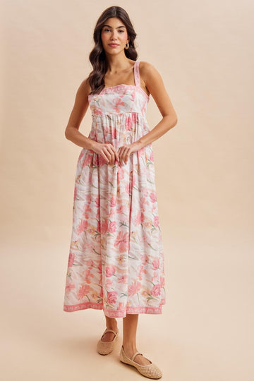 Coral Pink Floral Embroidered Maxi Dress