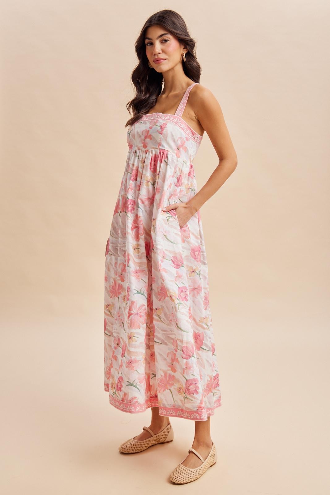 Coral Pink Floral Embroidered Maxi Dress