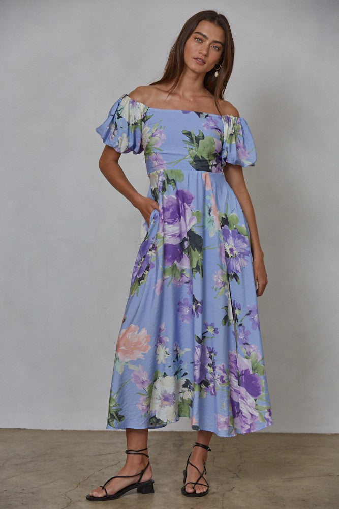 Periwinkle Floral Off Shoulder Balloon Sleeve Maternity Midi Dress