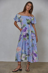 Periwinkle Floral Off Shoulder Balloon Sleeve Maternity Midi Dress