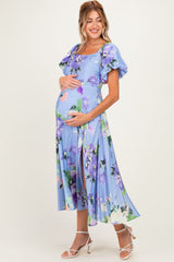 Periwinkle Floral Off Shoulder Balloon Sleeve Maternity Midi Dress