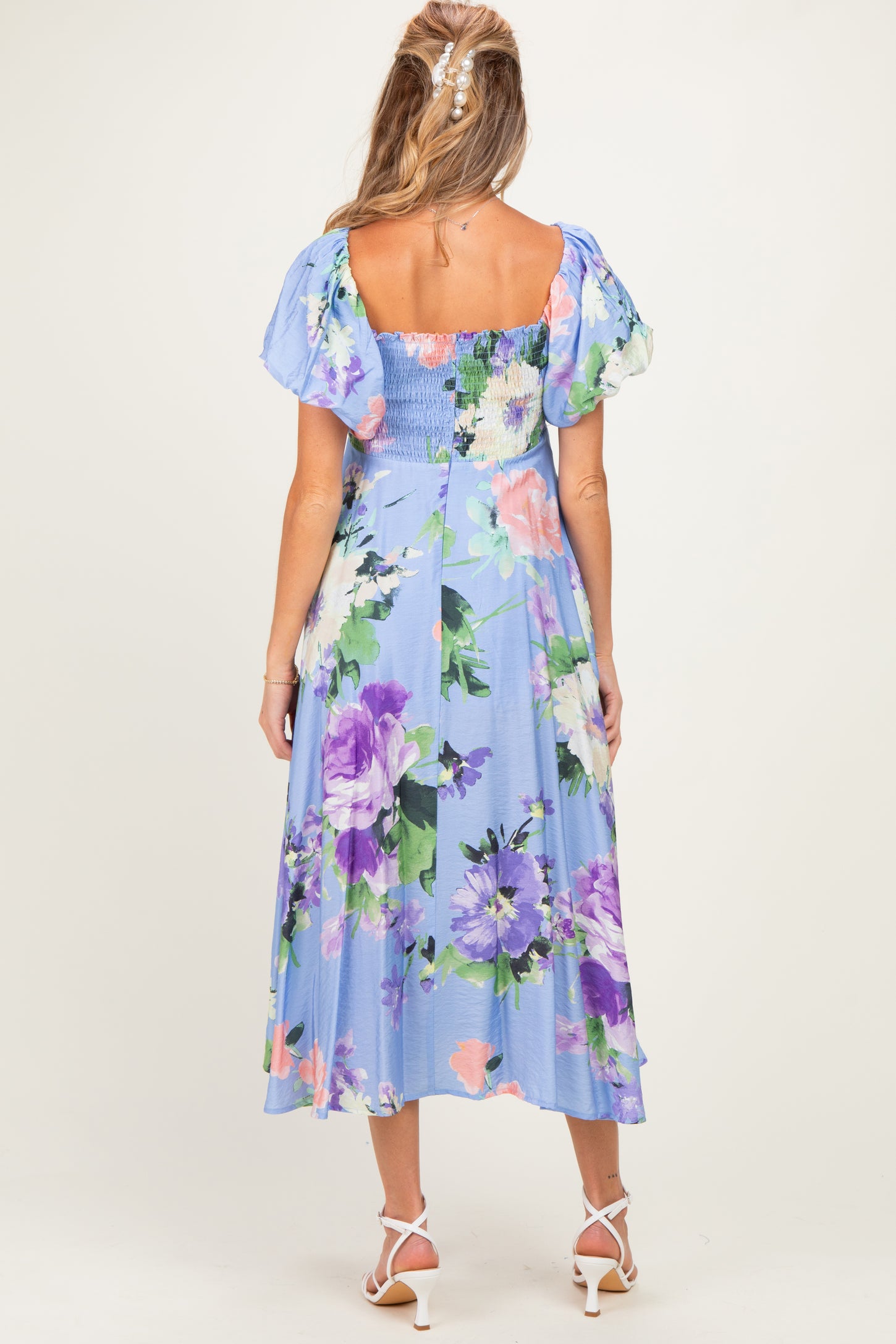 Periwinkle Floral Off Shoulder Balloon Sleeve Maternity Midi Dress