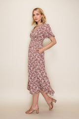 Mauve Floral Pleated Waist Midi Dress