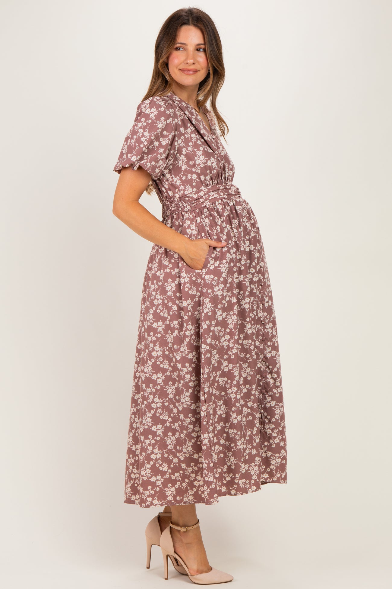 Mauve Floral Pleated Waist Maternity Midi Dress